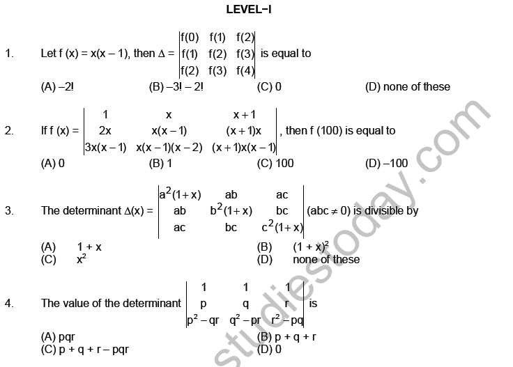 JEE Mathematics Matrices and Determinants MCQs Set A, Multiple Choice Questions